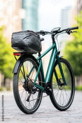 Modern bicycle with bag on the urban street, vibrant background.