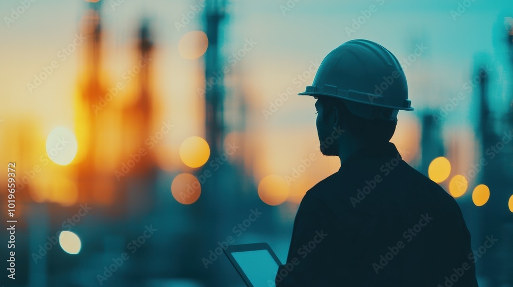 Chemical engineer inspecting cooling system at oil refinery Chemical engineer inspecting cooling system at oil refinery