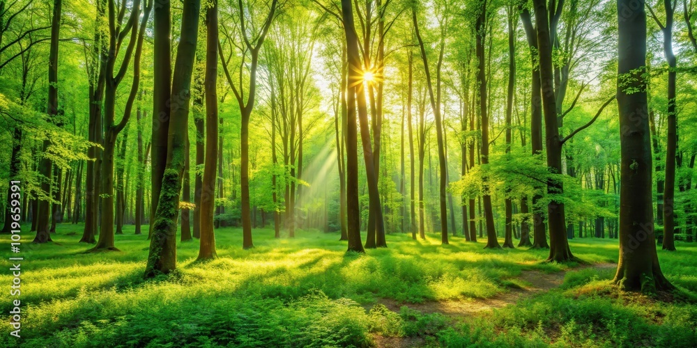 Obraz premium Sunlight filtering through a verdant forest, illuminating the lush undergrowth and casting a soft glow on the towering trees