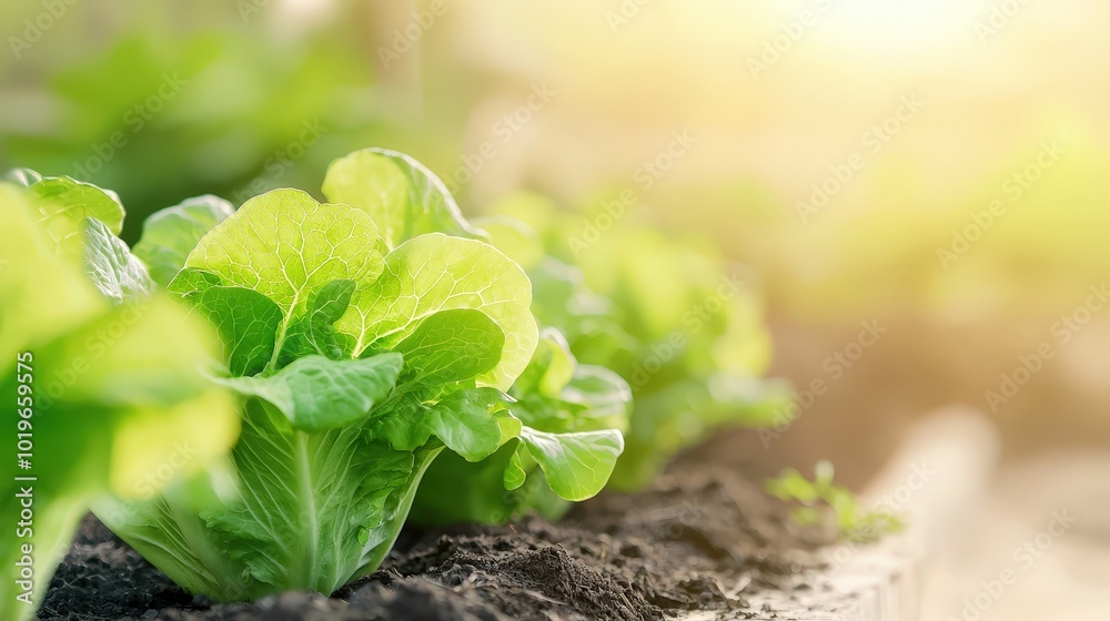 Fresh Green Lettuce Growing in Sunrise Garden Fresh Green Lettuce Growing in Sunrise Garden