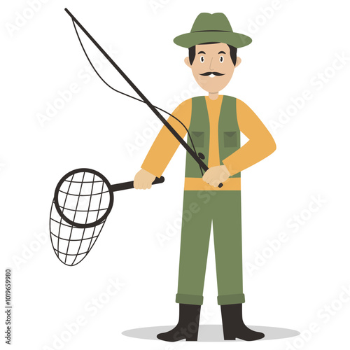 Fishing People Character with Equipment. Vector Illustration in Cartoon Style.