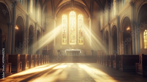 Sunlight Streams Through Stained Glass Windows in a Serene Church Setting, Illuminating the Peaceful Interior at Dawn