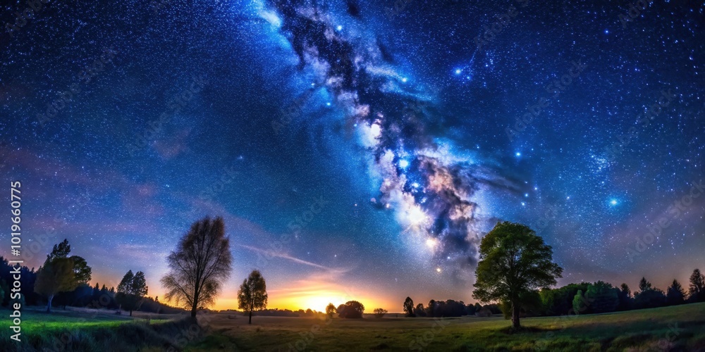 A breathtaking view of the Milky Way stretching across the night sky, illuminating a serene meadow with silhouetted trees and a distant glow of the horizon A breathtaking view of the Milky Way stretching across the night sky, illuminating a serene meadow with silhouetted trees and a distant glow of the horizon