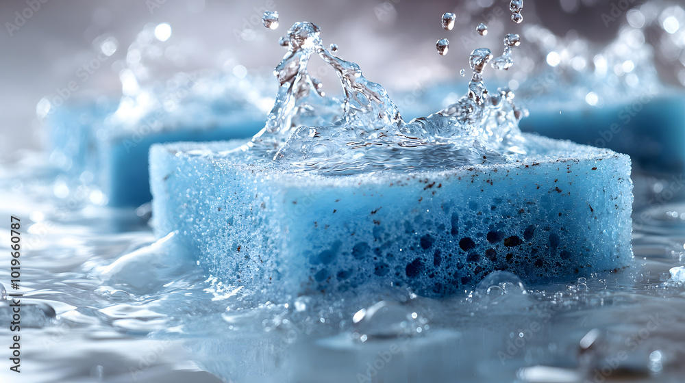 A blue sponge being washed with water against a clean white background symbolizes freshness and cleanliness. The dynamic motion of water splashing onto the sponge highlights its absorbent texture and A blue sponge being washed with water against a clean white background symbolizes freshness and cleanliness. The dynamic motion of water splashing onto the sponge highlights its absorbent texture and
