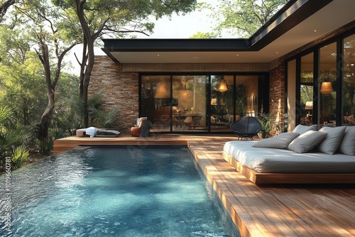 Wallpaper Mural sleek modern villa with a tranquil pool view featuring an inviting daybed on the wooden deck harmonizing indoor and outdoor living spaces for relaxation and leisure Torontodigital.ca