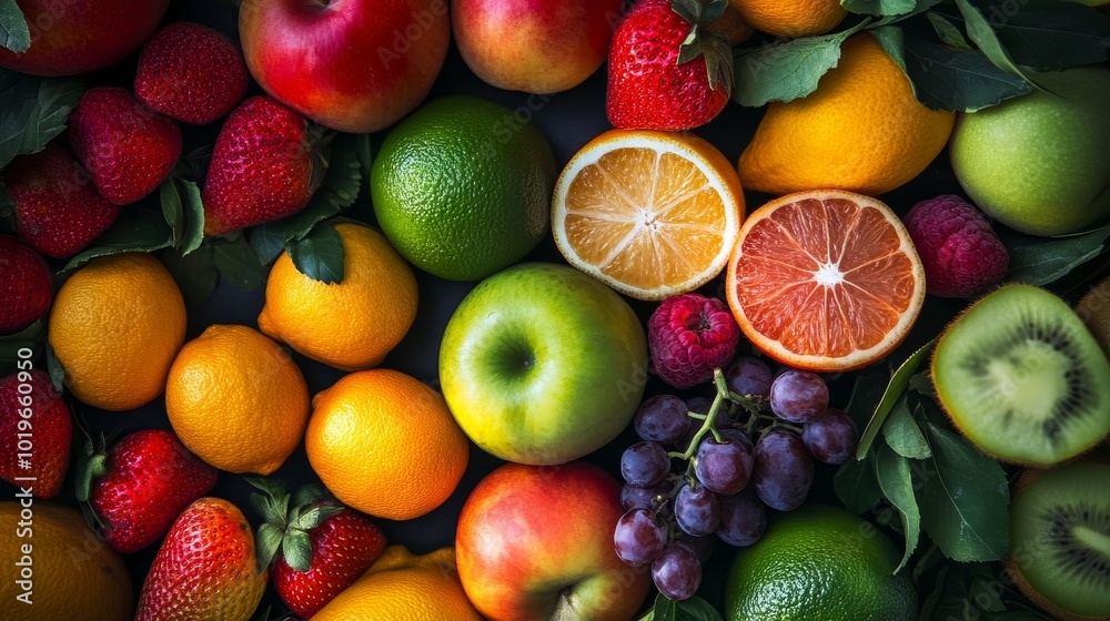 A Vibrant Assortment of Fresh Fruits Displayed on a Textured Surface in Natural Light, Inviting Health and Vitality A Vibrant Assortment of Fresh Fruits Displayed on a Textured Surface in Natural Light, Inviting Health and Vitality