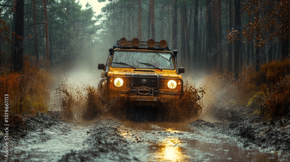 Off-road vehicle splashes through muddy terrain in a forest. Off-road vehicle splashes through muddy terrain in a forest.