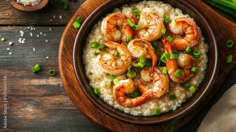 Shrimp and Grits Dish on Rustic Wooden Table Shrimp and Grits Dish on Rustic Wooden Table