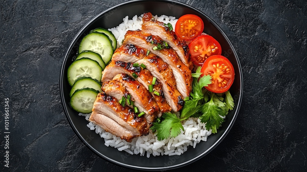 Grilled Chicken Dish with Rice and Fresh Vegetables Grilled Chicken Dish with Rice and Fresh Vegetables