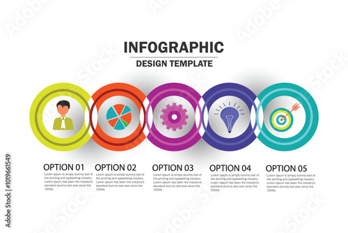 Timeline infographic elements template, business circle concept with 5 steps and icon