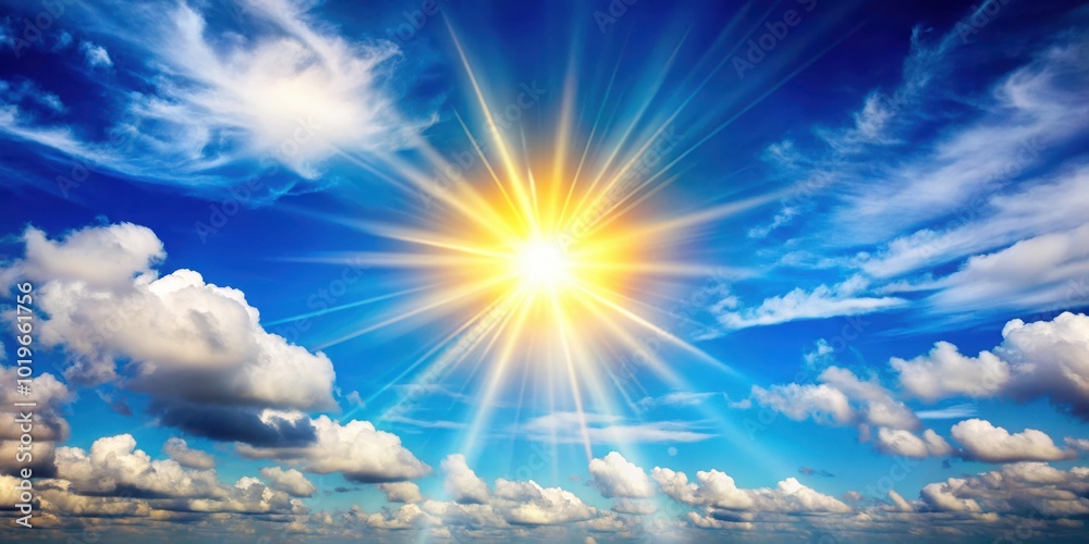 A radiant, golden sun beams through the fluffy white clouds, casting long rays of light across a vast, blue sky. A radiant, golden sun beams through the fluffy white clouds, casting long rays of light across a vast, blue sky.