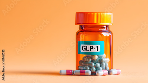 A pill bottle labeled glp-1 against an orange background, symbolizing medication and health.