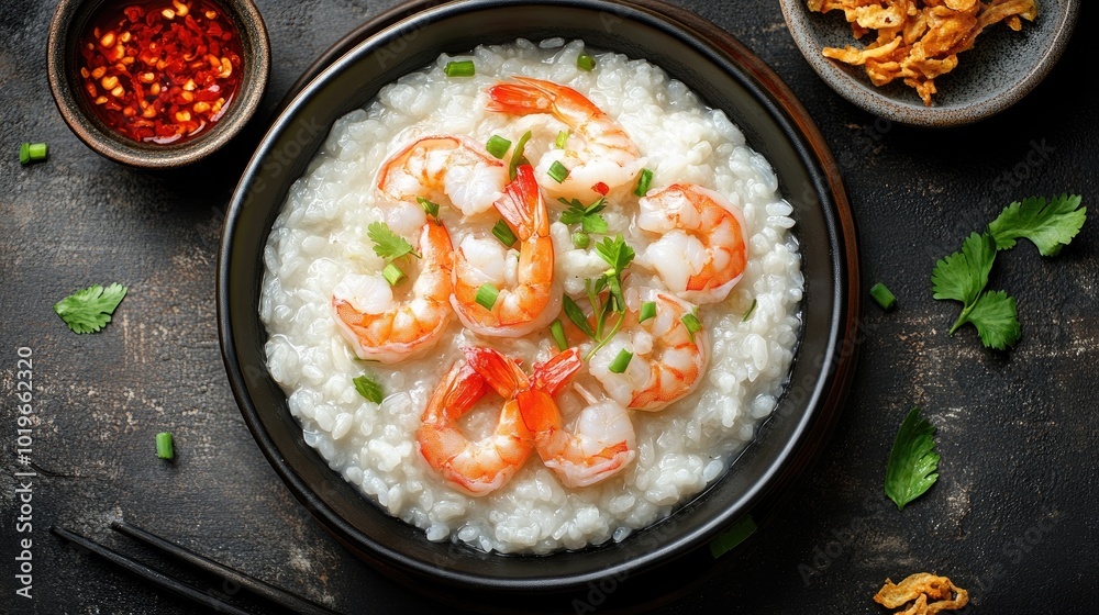 Fresh Shrimp Congee Served in a Modern Bowl Fresh Shrimp Congee Served in a Modern Bowl