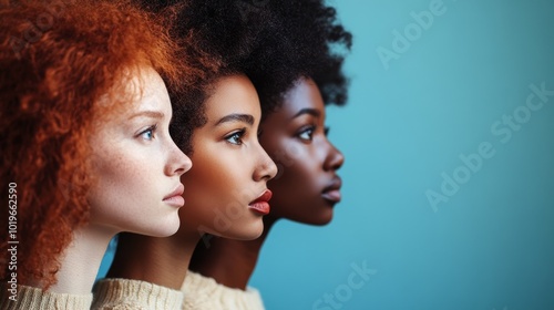 Celebrating Diversity With Three Women Showcasing Unique Beauty Against a Serene Blue Backdrop