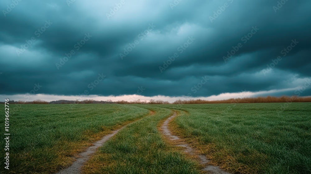 Moody Landscape with Dramatic Storm Clouds Over Rural Path Moody Landscape with Dramatic Storm Clouds Over Rural Path
