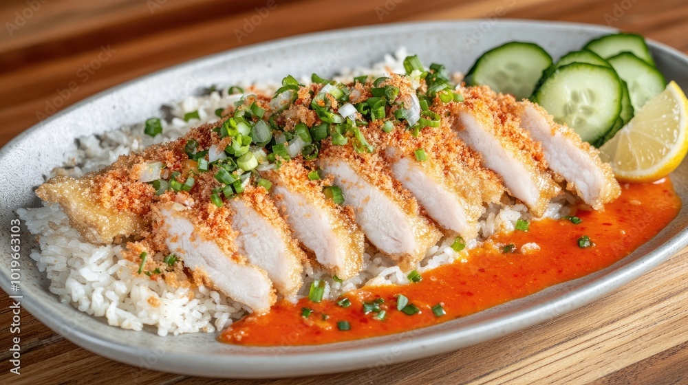 Grilled Chicken with Sauce and Rice on Plate Grilled Chicken with Sauce and Rice on Plate