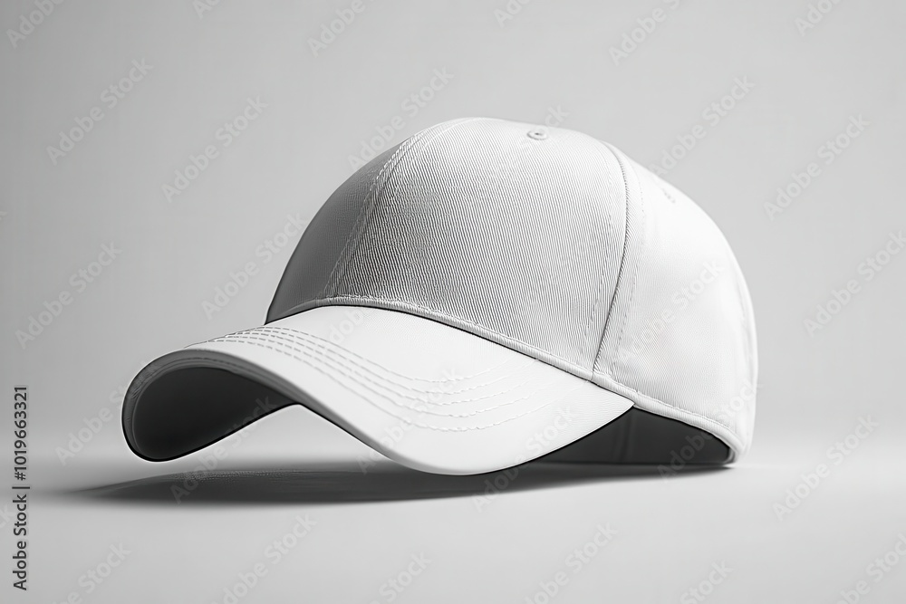 sleek white baseball cap floating against a pure white background clean lines and subtle shadows highlight the caps modern design perfect for branding mockups