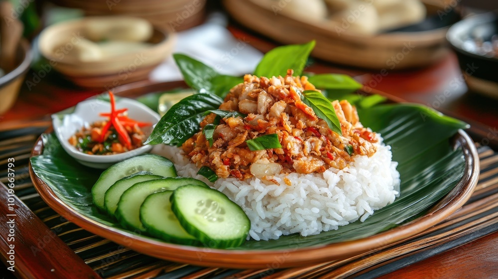 Delicious Thai Chicken Rice Served with Fresh Vegetables Delicious Thai Chicken Rice Served with Fresh Vegetables