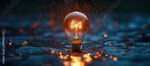 A lit light bulb stands in a pool of water with bright lights, a symbol of inspiration and new ideas.