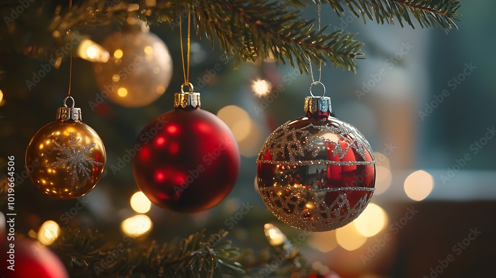 shot of Christmas ornaments hanging from a tree, with twinkling lights reflecting off the shiny surfaces. The ornaments include classic red, gold, and silver baubles, with snowflake patterns 