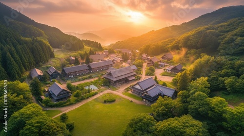 Scenic Sunrise Over Serene Mountain Village photo