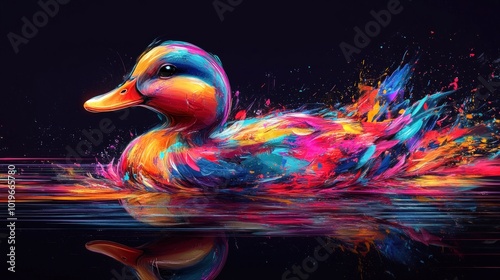 A colorful, abstract illustration of a duck swimming in water with a splash of paint behind it.