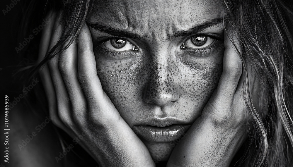 Fototapeta premium Black-and-white portraits focused on capturing raw emotions through facial expressions, devoid of distractions