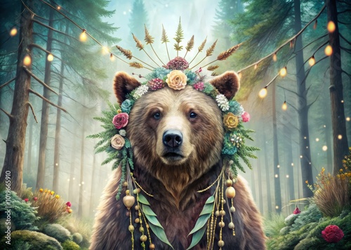 Bohemian Bear Clipart with Woodland Elements for Creative Decoration