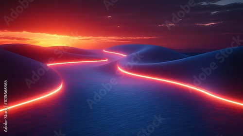 A winding red neon light path through a surreal landscape at sunset.