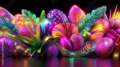 Vibrant abstract neon fruits and plants create stunning visual display, showcasing blend of colors and shapes that evoke sense of joy and creativity