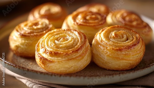 A close-up view of freshly baked pastry rolls arranged on a plate, showcasing their golden, flaky layers and spiral design.