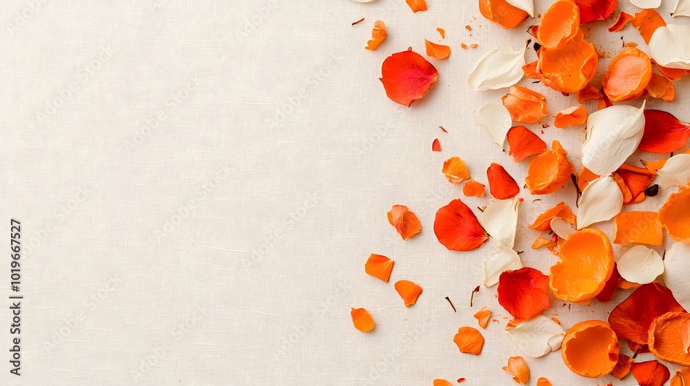 Warm toned flower petals scattered on a soft beige cloth creating an abstract and pattern with a vintage natural and feminine aesthetic Warm toned flower petals scattered on a soft beige cloth creating an abstract and pattern with a vintage natural and feminine aesthetic