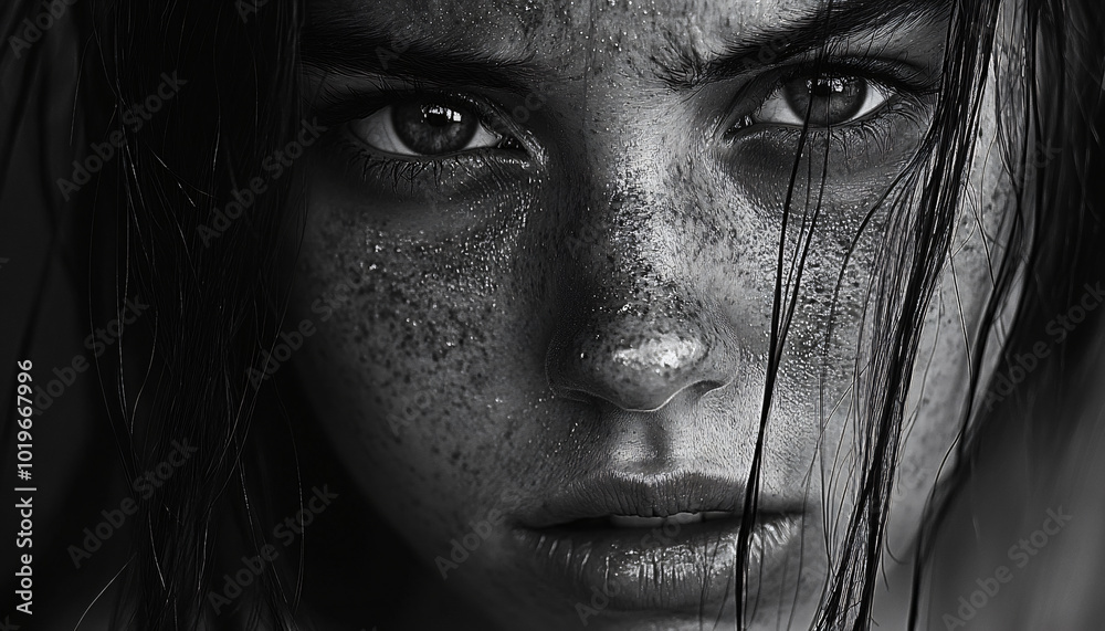 Fototapeta premium Black-and-white portraits focused on capturing raw emotions through facial expressions, devoid of distractions