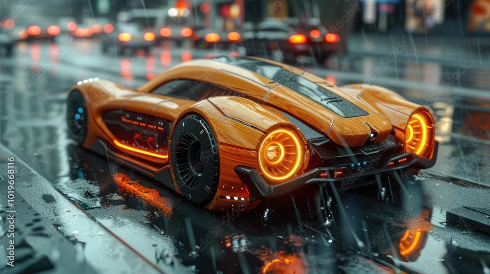 Futuristic Sports Car in the Rain Futuristic Sports Car in the Rain