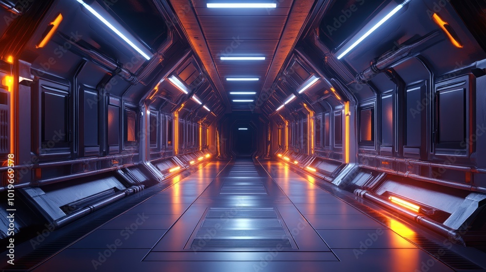 Naklejka premium Futuristic Sci-Fi Spaceship Corridor with Glowing Orange and White Lights