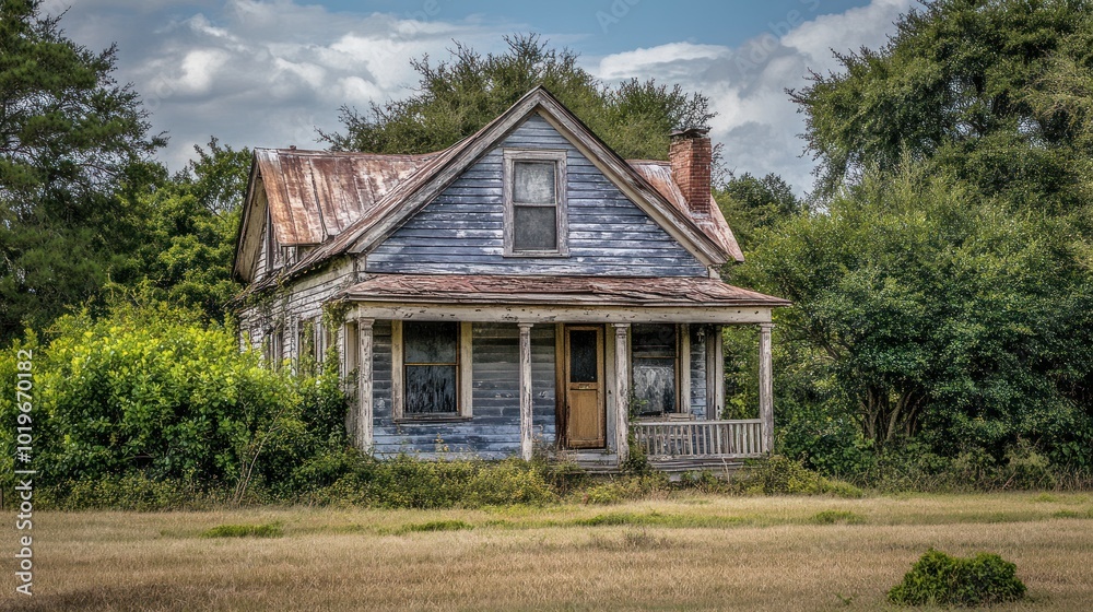 A weathered, abandoned house surrounded by overgrown vegetation and open fields. A weathered, abandoned house surrounded by overgrown vegetation and open fields.