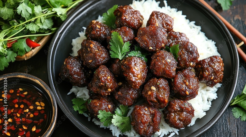 Delicious Meatballs Served on Rice with Garnish