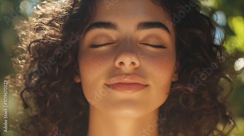 Closeup of a female portrait of a charming curlyhaired young woman An attractive brunette is smiling and her eyes closed outdoors in the park Natural beauty The sun and shade from the  : Generative AI