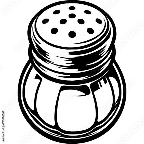 Glass kitchen salt shaker in monochrome. Simple minimalistic vector in black ink drawing on transparent background