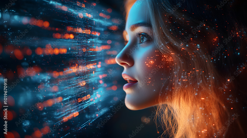 A woman is holding an iPad, and vibrant sound waves are visually emanating from the device, creating an engaging representation of technology and creativity. This dynamic scene illustrates the seamles A woman is holding an iPad, and vibrant sound waves are visually emanating from the device, creating an engaging representation of technology and creativity. This dynamic scene illustrates the seamles