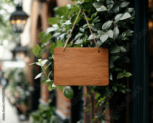 Rustic wooden sign hanging amidst green foliage in a cozy outdoor setting. photo