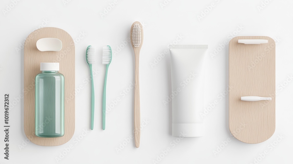 oral care essentials arrangement, light wood grain oral care essentials arrangement, light wood grain