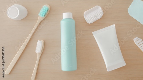 dental hygiene products flatlay, wooden table