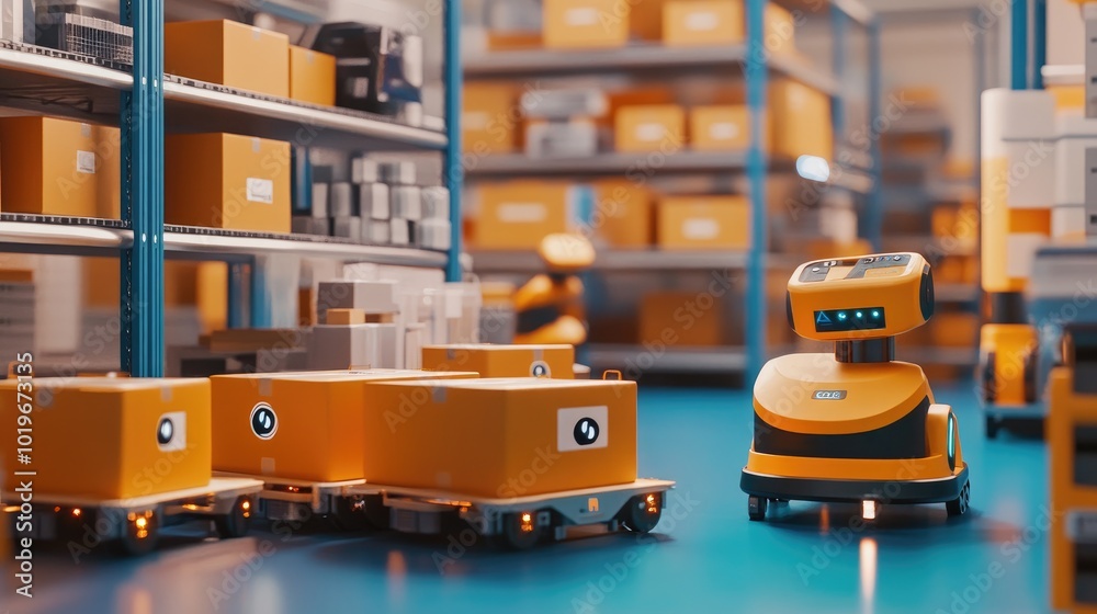 A smart factory scene showcasing autonomous robotic transportation systems, efficiently moving materials through a high-tech industrial environment enabled by 5G connectivity. A smart factory scene showcasing autonomous robotic transportation systems, efficiently moving materials through a high-tech industrial environment enabled by 5G connectivity.