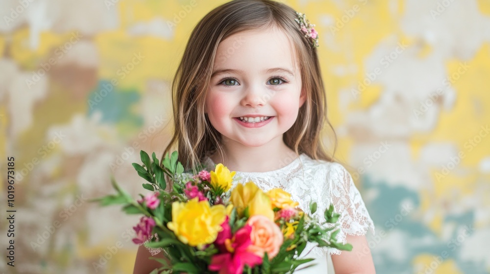 A smiling girl in a white dress holds a vibrant bouquet of flowers against a colorful backdrop. A smiling girl in a white dress holds a vibrant bouquet of flowers against a colorful backdrop.