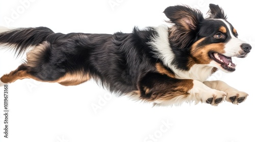 A dog joyfully leaping in mid-air against a white background.