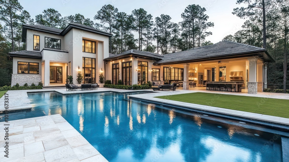 Fototapeta premium Modern home with a pool surrounded by trees, showcasing luxury and outdoor living.