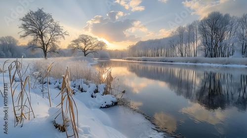 Winter Landscape with Frozen Lake and Bare Trees