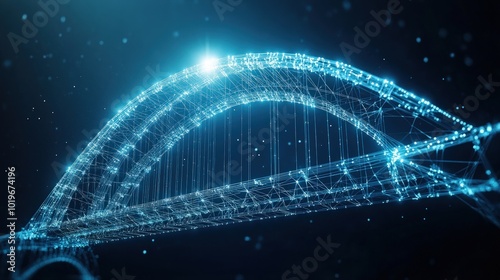 Abstract digital bridge structure with glowing blue lines.