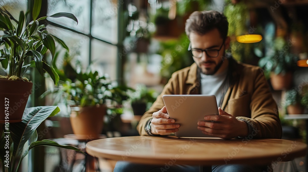 Business owner using tablet in his cafe : Generative AI Business owner using tablet in his cafe : Generative AI